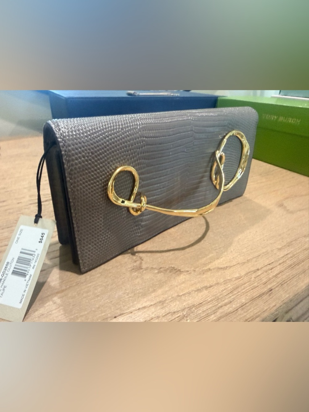 Alexis Bittar Taupe Textured Leather Clutch with Gold Accent